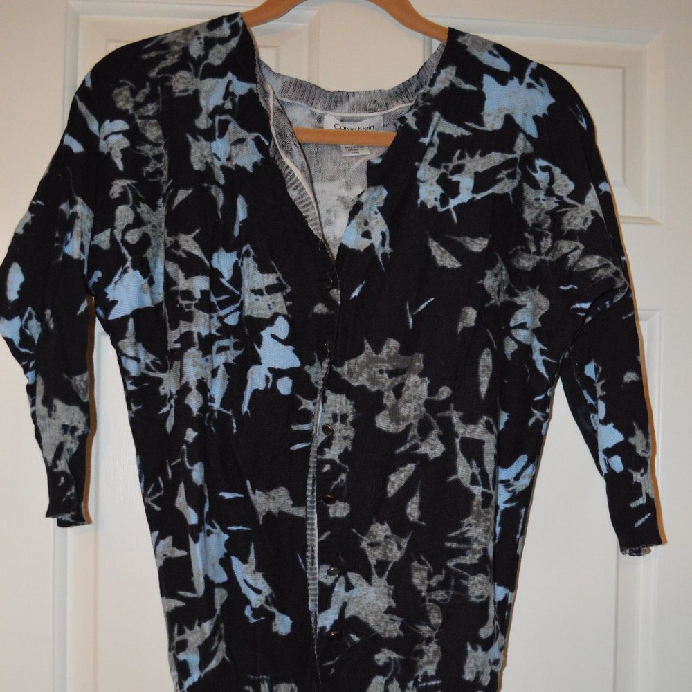 Blue, Grey and Black Patterned Cardigan Sweater